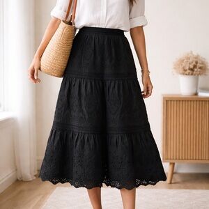 Jason Wu Black Eyelet Midi Skirt Tiered Embroidered Cotton Boho Romantic Size S